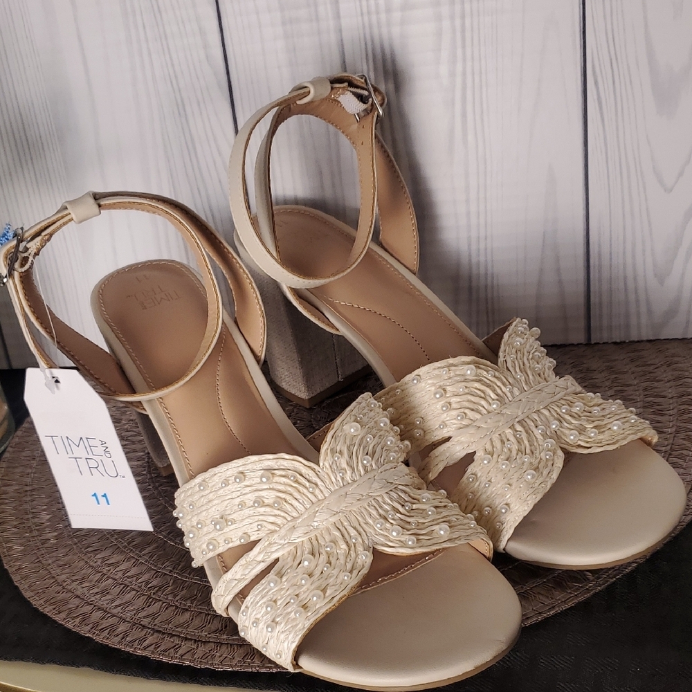 Time and Tru Cream Beaded Butterfly Block Heels